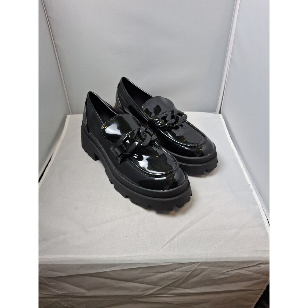 PRETTYLITTLETHING Black Patent Chunky Loafers Women's 7 Oversized Chain detail
